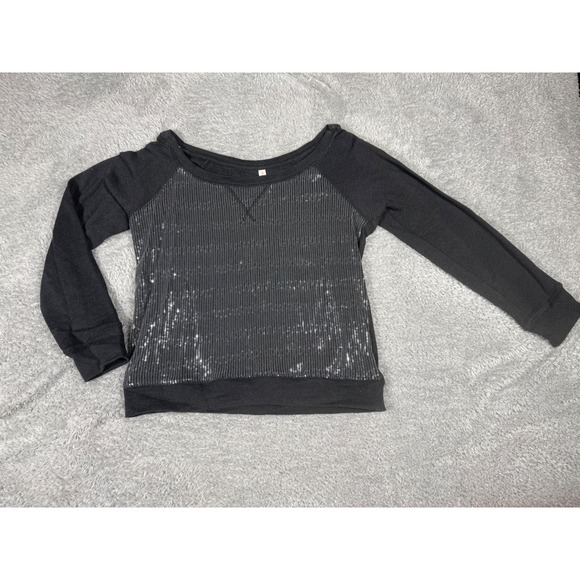 Xhilaration Tops - Xhilaration Sequin Front Sweatshirt Women M Black Off Shoulder Pullover